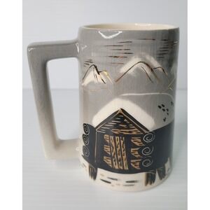 Sascha Brastoff Mug Hand Painted Grey Cabin Mountain Mid Century Modern